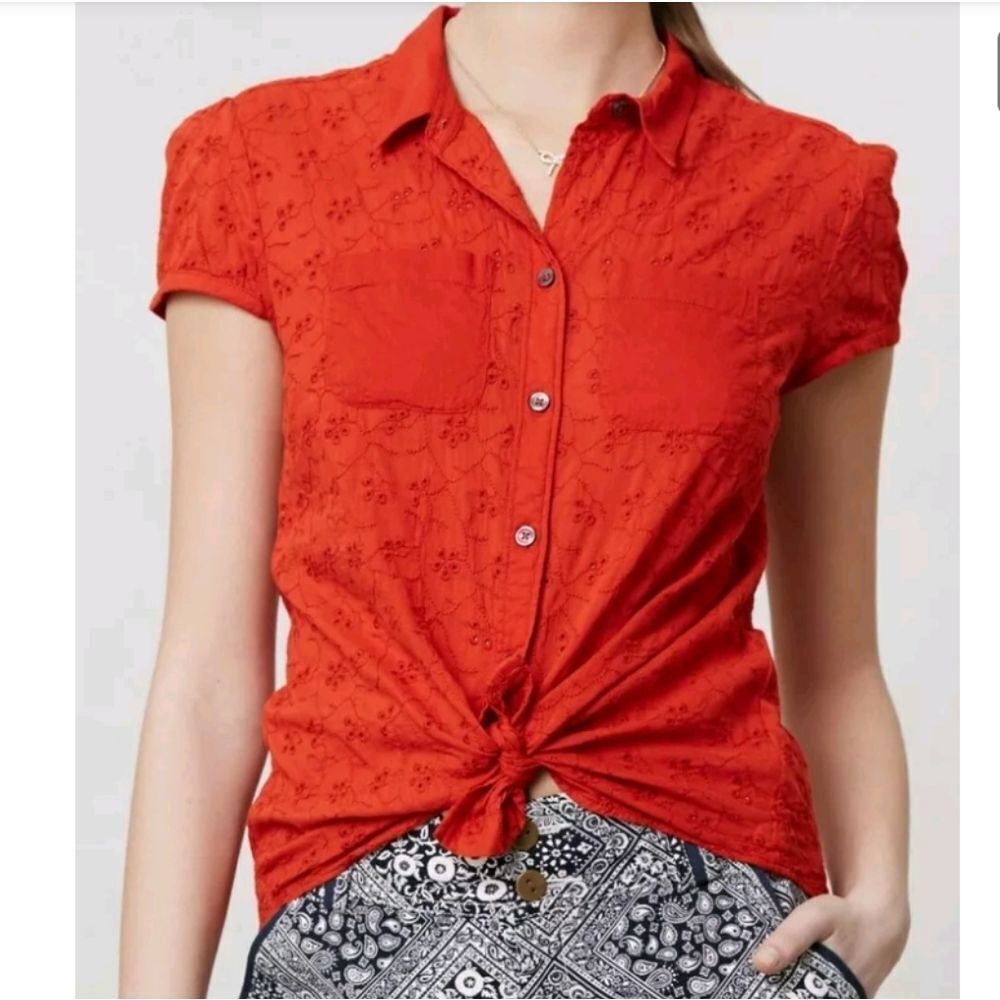 Anthro Edme and Esyllte cotton Mia eyelet orange button down shirt